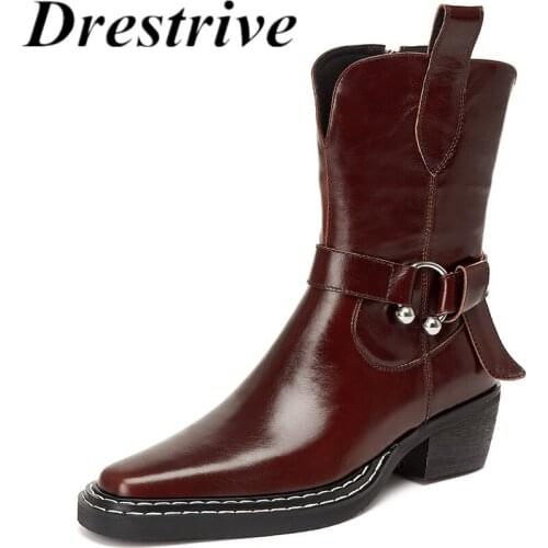 Drestrive 2021 Fashion Women Ankle Boots Cow Leather Zipper Red Brown Pointed Toe Platform Thick Heels Big Size 42 Waxing Winter