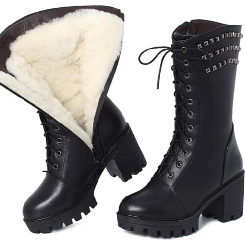 DM742 Winter Women Boots Genuine Leathe Wool Mid-Calf Chunky Heel Round Toe Martin Boots platform boots Warm Woman Botas Mujer