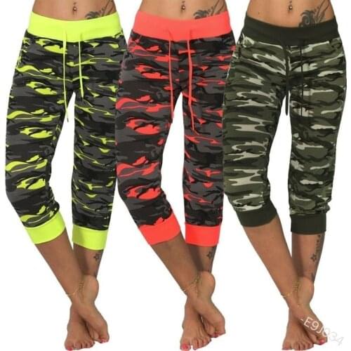 Womens Camo Printed Pants High Waist Tie Drawstring Calf Length Capris Pants WDC5176