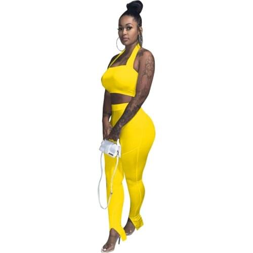 Spring Bodycon Two Piece Set Women Casual Halter Crop Top Slit Flare Pants Set Streetwear Solid Club Outfits for Women Clothing