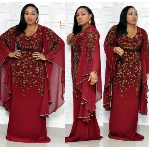 HOUSEOFSD Women Casual African Chiffon Embroidery Sequins Long Maxi Dress Fashion Round Neck Bat Sleeve Muslim Robe Dresses