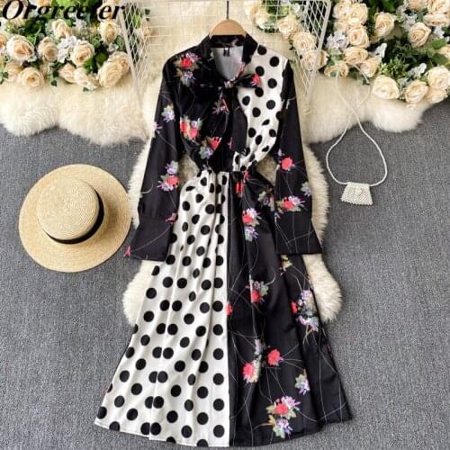Vintage Dot Hit color Patchwork Floral Printting Long Dress Bow Tie Elastic Slim Waist Elegant Ladies Black Dress Vestidos