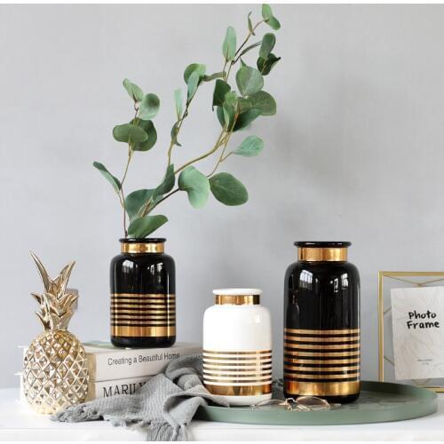1pc Modern Black White Ceramic Flower Vase with Gold Detailing Decorative Floral Vase Centerpiece Home Table Decoration