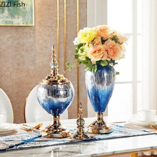 2 Pcs/set Classic Stained Glass Vases with Lid Cracked Texture Flower Pot Floral Ornaments Golden Metal Vase Vintage Home Decor
