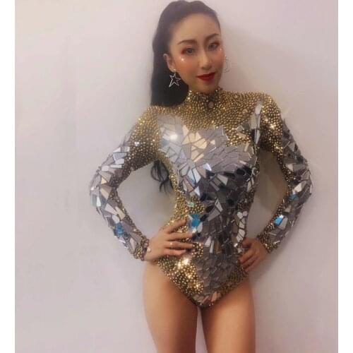Sparkly Gold Rhinestones Mirrors Shining Bodysuit Women Birthday Celebrity Prom Party Outfit Singer Stage Rompers Dance Costume