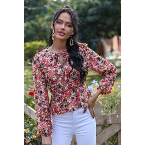 Spring Autumn Floral Print Drawstring Shirt Women Fashion Long Sleeve V Neck Slim Blouses Female Chic Elegant Casual Tops