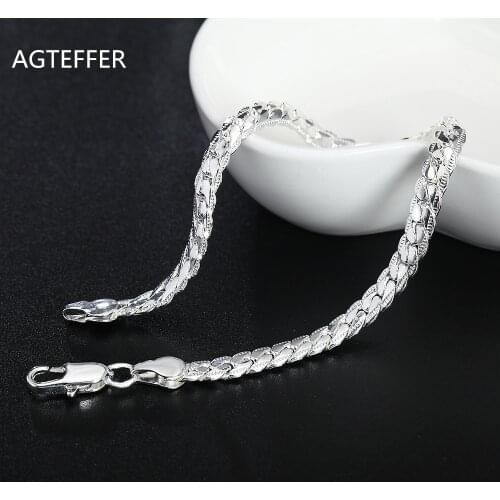 AGTEFFER 925 Sterling Silver 5mm Side Flat Chain Bracelet For Women Fashion Wedding Engagement Party Charm Jewelry