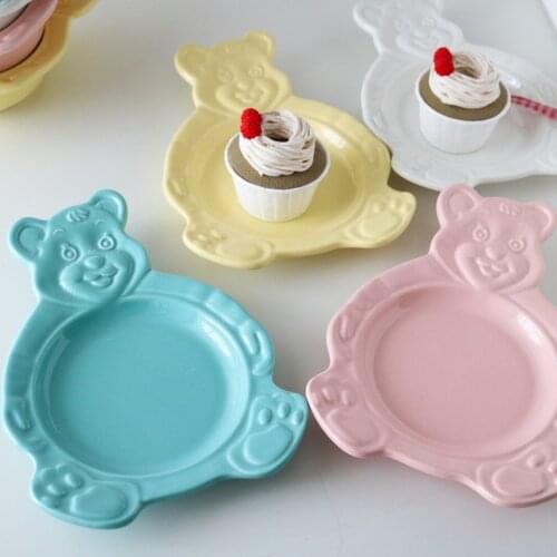 Cartoon Bear Dessert Plate Bowls Cute Ceramic Dinner Dishes Korean Ins Bear Dessert Flat Soup Bowl Breakfast Salad Tray Dropship