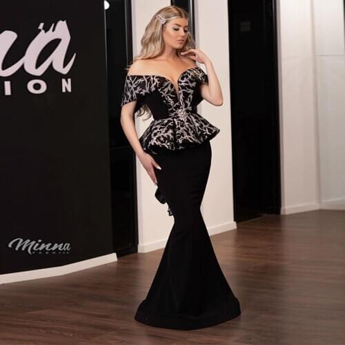 Black Evening Dresses Mermaid Off The Shoulder Appliques Dubai Saudi Arabia Long Prom Dress Gown Robe De Soiree