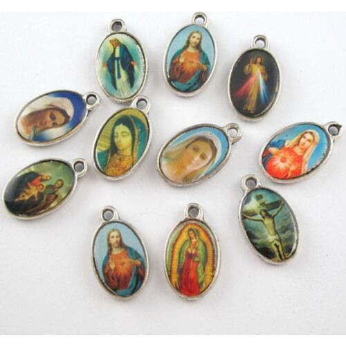 Catholic Religious Sided Oval Mixed Photo Virgin Mary Charms Pendants Vintage Silver For Bracelet Jewelry Making Accessories