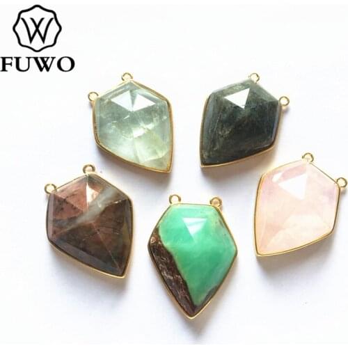 FUWO Natural Stone Shield Double Hook Pendant With Gold Trimmed Fashion Labradorite Pink Quartz Fluorite For Necklace PD237