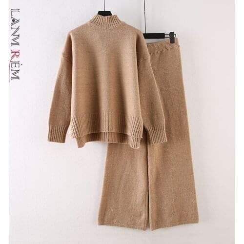 LANMREM 2021 Winter Women Thickened High Neck Sweater Fashion Two-piece Set Solid Color Warm Knitted Wide Leg Pants Set 2C2418