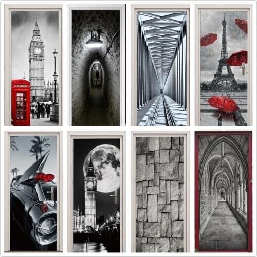 Gray Red World Door Stickers PVC London Street Adhesive Wallpaper Decals Waterproof Mural For Living Room Decoration Home Decor