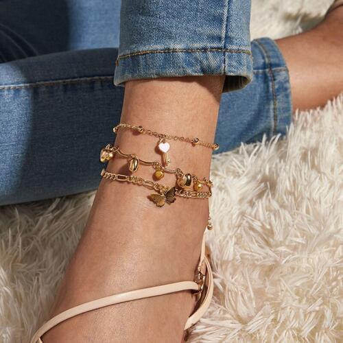 New European And American Creative Zircon Love Pendant Footwear Alloy Butterfly Anklet Combination