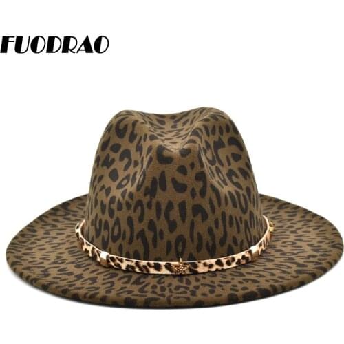 FUODRAO New Leopard Print Fedoras Hat Women Woolen Felt Wide Brim Jazz Hat Vintage British Jazz Hat Gentleman Elegant F27