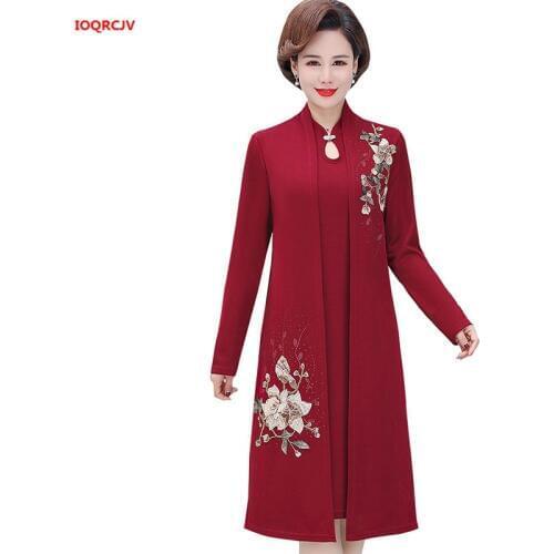 Cheongsam Dress Two-piece Suit Spring Autumn High-end Elegant Dress Middle-aged Womens Embroidered Dress Set Plus Size 5XL 1876