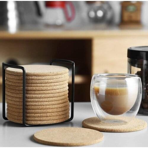 Cork Coasters For Drinks With Metal Holder,Natural Cork Absorbent Coaster Set Round Edge For Cold Drinks Wine Glass Cup