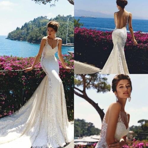 Sexy Backless Lace Mermaid Wedding Dresses Appliqued Beaded Sweep Train Country Wedding Gowns Custom Made Boho Vestido De Noiva