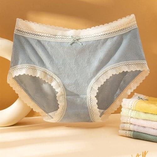 Sexy Lace Cotton Panties for Women Briefs Underwear Solid Color Mid Waist Seamless Underpants Lingerie Female