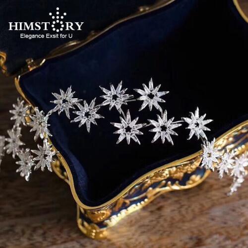 HIMSTORY Micro Paved All Cubic Zircon Tiara Star Tiaras Crown Wedding Hair Accessories Bride Sunflower CZ Diadem Headpiece