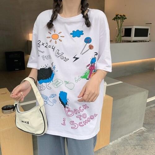 Korean Summer Women T-Shirt Cartoon Printing Harajuku Loose Streetwear Tee Cute O-Neck Short Sleeve Multicolor Girl Female Tops