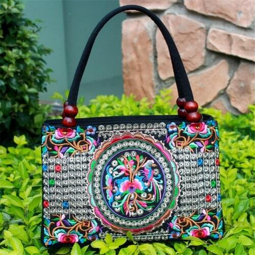 Home Storage Bag Womens Bag Two-zipper Hand Bag Ethnic Style Embroidered Bag Handbag Canvas Bag Shoulder Bag Outdoor Women Bag