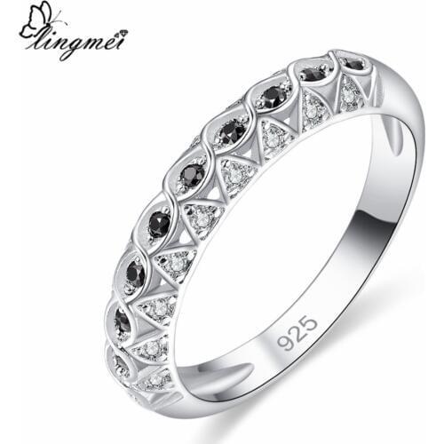 Lingmei Women Trendy Hot Simple Style Wedding Rings Black Zircon Silver Color Ring Size 6 7 8 9 Cocktail Exquisite Jewelry