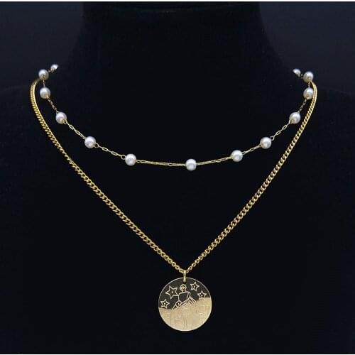2PCS 12 Constellations Aquarius Stainless Steel Pearl Choker Necklaces Gold Color Astrology Layered Necklace Jewelry N9208S04