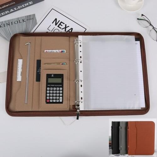 A4 Top Handle Conference Zipper File Folder Padfolio Business Presentation Portfolio PU Leather 4 Ring Binder Notepad Clipboard