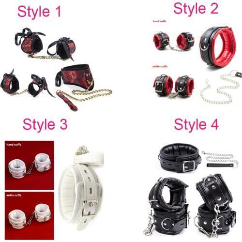 BDSM Cosplay PU Leather Padded Hands Cuffs / Ankle Cuffs / Neck Collar Leash, Bondage Restraints Set,Adult Sex Toys For Couples
