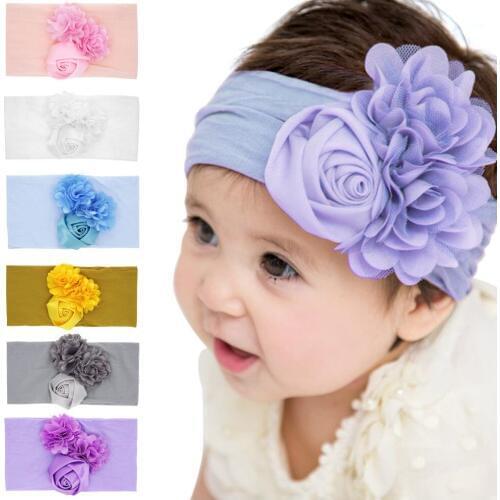 Baby Headband Lace Mix 3 Flower Girls Nylon Hair Bands Handmade Headwear Newborn Hair Bow Headdress Children Hair Accessories