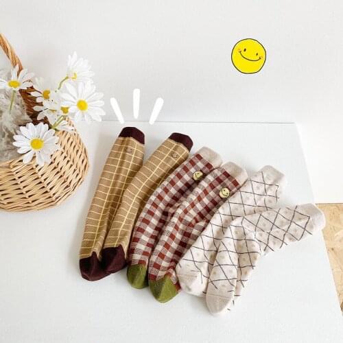 3 Pairs/bag Childrens Socks Autumn And Winter New Korean Cartoon Plaid Boys And Girls Tube Socks INS Childrens Trendy Socks