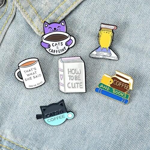 Coffee and Book Enamel Pin Cat Cafe Reading Badge Custom Hedgehog Brooches Lapel Pin Shirt Cute Animal Jewelry Gift Wholesale