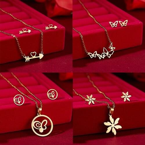 Exquisite Butterfly Flower Shape Pendant Neckalce Stainless Steel Jewelry Set Clavicle Chain Necklaces Earings Sets for Women