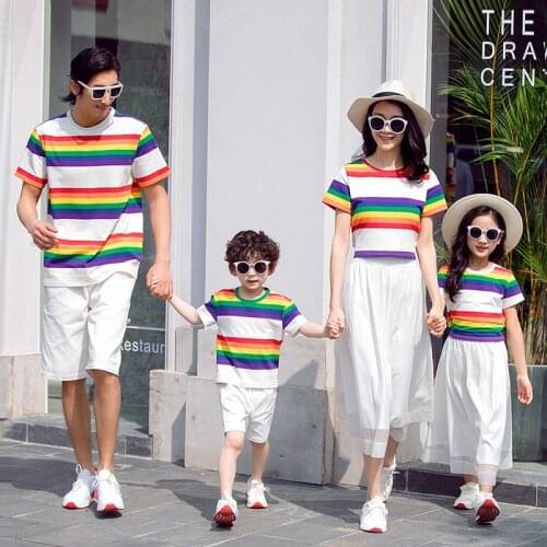 Family Matching Summer Rainbow Stripe T-Shirt+Shorts 2PCS Sets Mom Daughter White Skirt Vacation Dad Boys Girls Suits Clothes