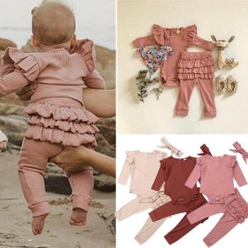 Newborn Baby Girl Clothes Sets 2021 Autumn Fashion Outfits Knitted Bodysuit Top Romper Ruffle Pants Headband 3pcs Clothing suit