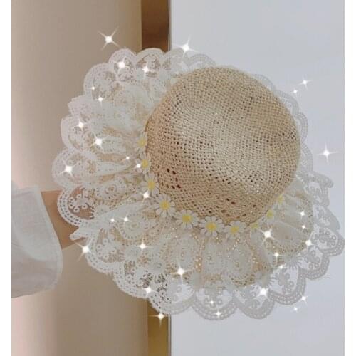 2021 Baby Girls Lace Sun Hat for Kids New Summer Princess Empty Top Caps Childrens Sun Hat Super Large Brim Bucket Hats