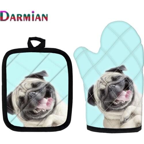DARMIAN Pug Dog Cute 3D Pattern Anti-Scalding Pad and Glof Home Kitchen Cooking Microwave Non-Slip Gloves Baking Oven Mitts