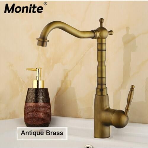 Monite 360 Swivel Antique Brass Finish Tall Steam Spout Kitchen Basin Sink Rotated Vanity Soild Brass Water Mixer Tap Faucet