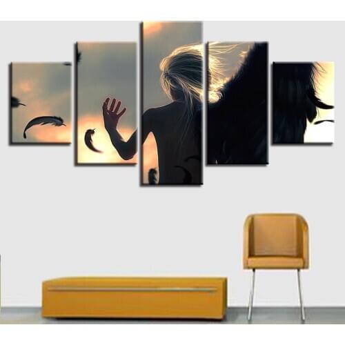 Wall Art Canvas Painting Pictures Modular Poster 5 Pieces Angeles Con Alas Black Wings Landscape HD Printing Home Decoration