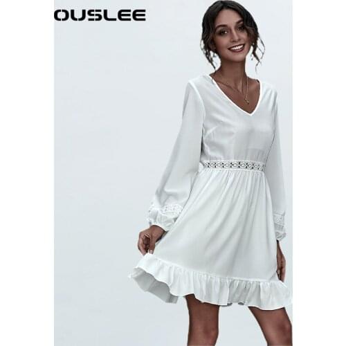 OUSLEE Women Ruffles Dress Hollow Out Boho Style Beach Mini Dresses Lantern Sleeve Ladies Elegant Party Dresses Vestido De Mujer