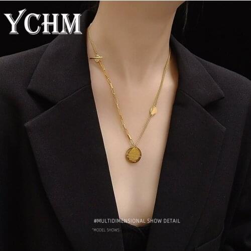 YCHM Toggel Clasp Clavicle Necklace For Women Double Layers Letter Round Pendant Necklace Stainless Steel Gold Plated Necklace