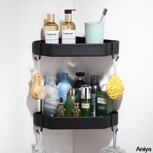 Bathroom Shelf Organizer Shower Storage Rack Black Corner Shelves Wall Mounted Aluminum Toilet Shampoo Holder Punchless Rek
