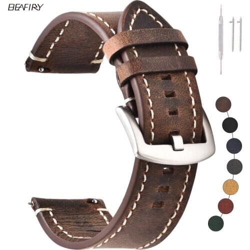 BEAFIRY Vintage Watch Band 18mm 20mm 22mm 24mm Quick Release Crazy Horse Leather Strap Watchband for huawei fossil Brown black