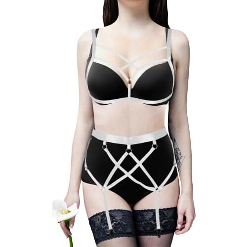Sexy Women Body Harness Underwear 2 Pcs Set Chest Bondage Belts Punk Goth Suspenders Straps Bra Stockings Garter Lingerie Fetish