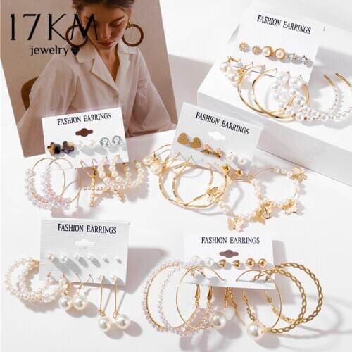 17KM Trendy Pearl Hoop Earrings for Women Fashion Gold Geometirc Circle Butterfly Earrings Brincos Gift Wedding Jewelry