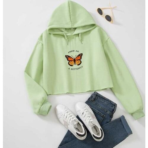Green Crop Top Pullover Sweatshirt Cute Butterfly Print Harajuku Aesthetic Hip Hop Clothes for Girls Casual Tops for Women Work