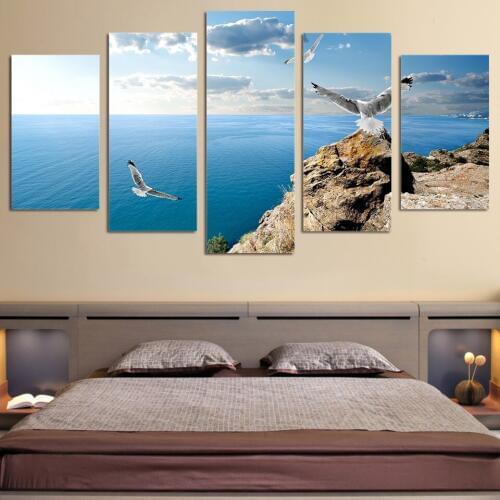High Quality 5 piece canvas art paintings HD Printed blue ocean birds seascape sky canvas painting wall decorations living room