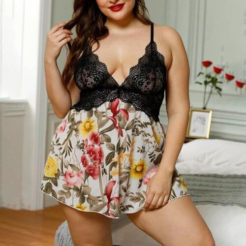 Plus Size Sleepwear Womens Nightgown Sexy V-neck Lace Straps Night Dress See Through Nightwear Summer Printed Sexy Nightie 5XL
