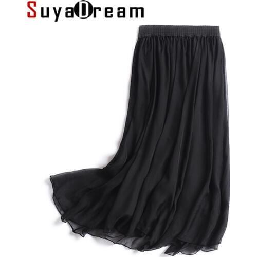 Women Silk skirt 100%Real Silk Solid Black Pleated Skirts Two layers Silk Knee length 2018 Spring Summer New